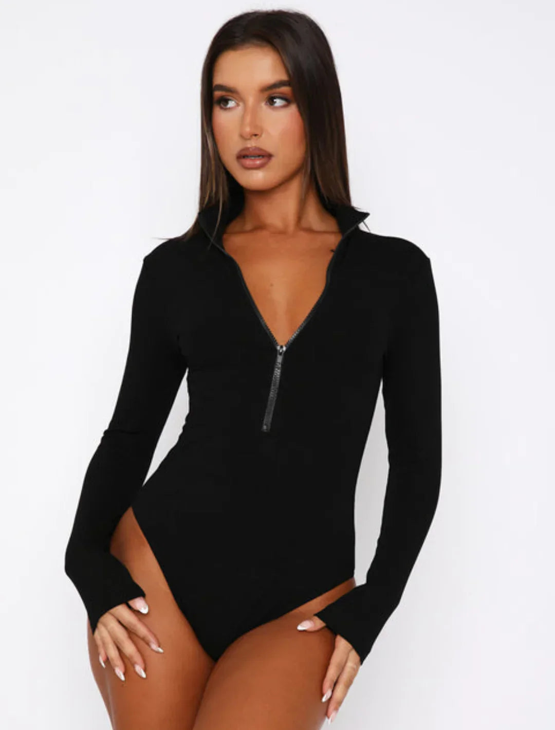 Body damskie dopasowane długi rękaw bawełna prążkowana letnie modelujące