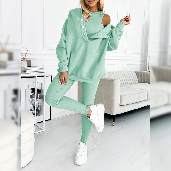 Γυναικείο σετ φόρμας fleece βαμβακερό ανοιξιάτικο σύνολο μπλούζα και κολάν casual