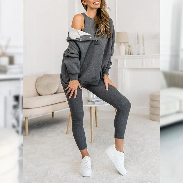 Γυναικείο σετ φόρμας fleece βαμβακερό ανοιξιάτικο σύνολο μπλούζα και κολάν casual