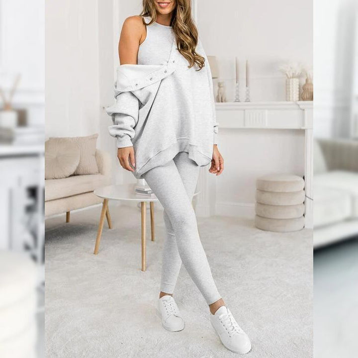 Γυναικείο σετ φόρμας fleece βαμβακερό ανοιξιάτικο σύνολο μπλούζα και κολάν casual