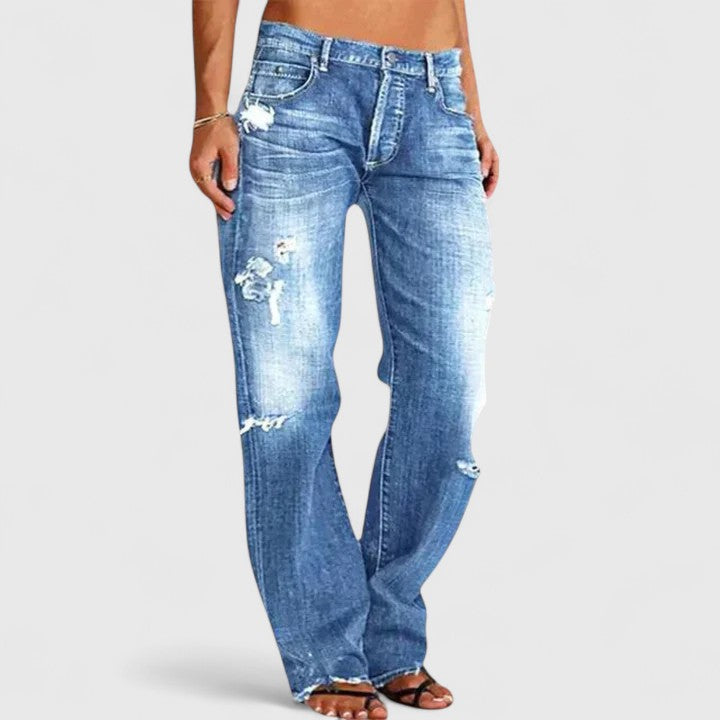 Jeansy damskie bootcut z przetarciami bawełniane jesienne