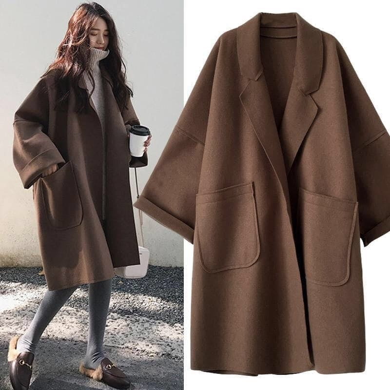 Casaco de lã feminino comprido oversize com lã, de outono, inverno e meia-estação
