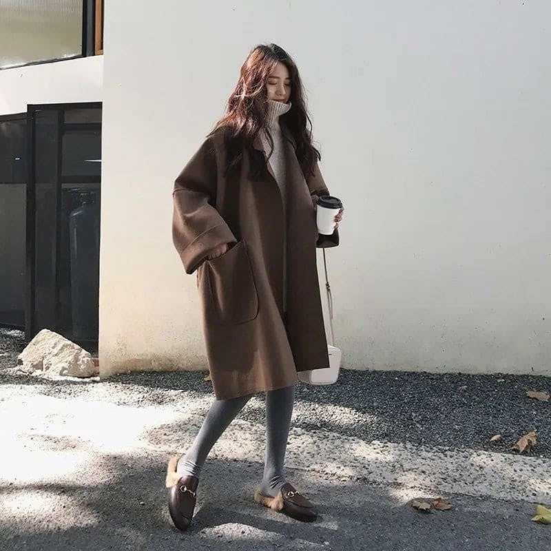 Casaco de lã feminino comprido oversize com lã, de outono, inverno e meia-estação