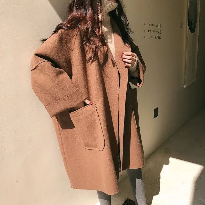 Casaco de lã feminino comprido oversize com lã, de outono, inverno e meia-estação