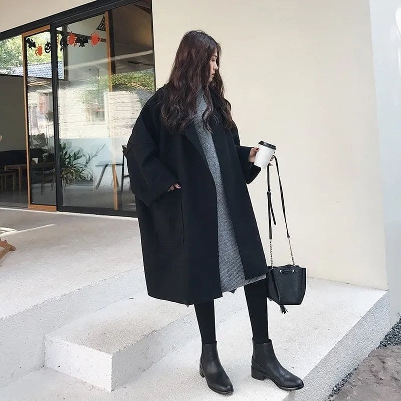 Casaco de lã feminino comprido oversize com lã, de outono, inverno e meia-estação