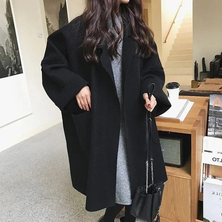 Casaco de lã feminino comprido oversize com lã, de outono, inverno e meia-estação