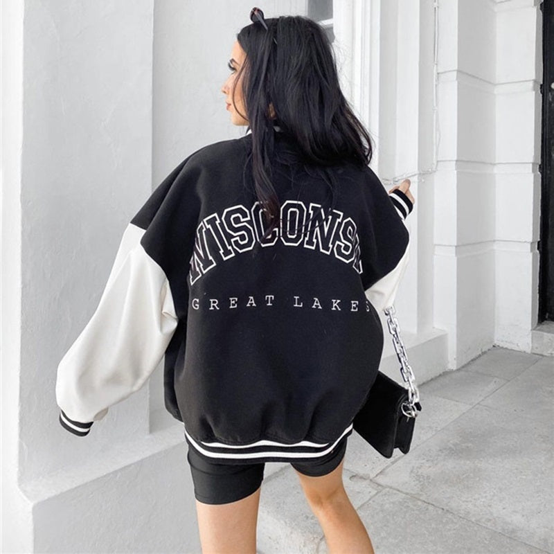 Kurtka bejsbolówka damska varsity oversize flauszowa z ekoskórą jesienna