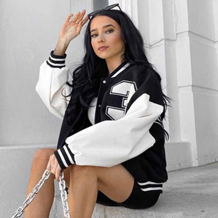 Kurtka bejsbolówka damska varsity oversize flauszowa z ekoskórą jesienna
