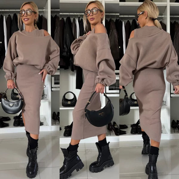 Komplet damski dzianinowy bawełniany bluza i spódnica midi casual na jesień
