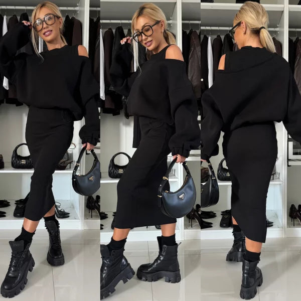 Komplet damski dzianinowy bawełniany bluza i spódnica midi casual na jesień