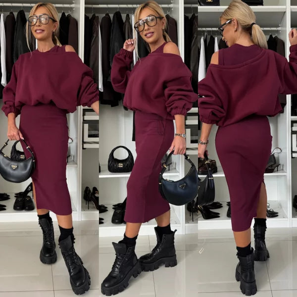 Komplet damski dzianinowy bawełniany bluza i spódnica midi casual na jesień