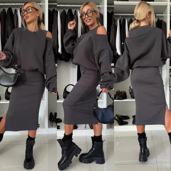 Komplet damski dzianinowy bawełniany bluza i spódnica midi casual na jesień