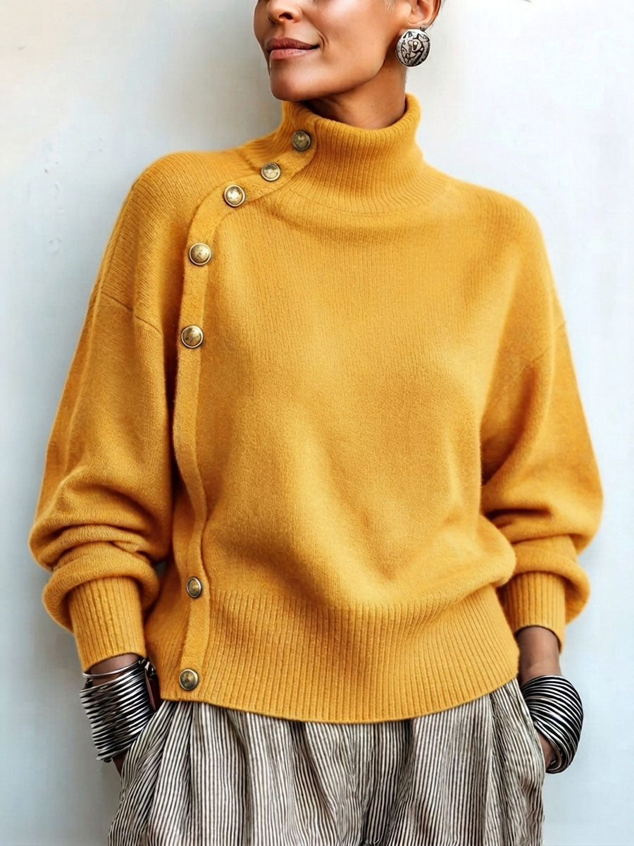 Sweter damski z golfem z dzianiny z asymetrycznymi guzikami luźny z długim rękawem na jesień