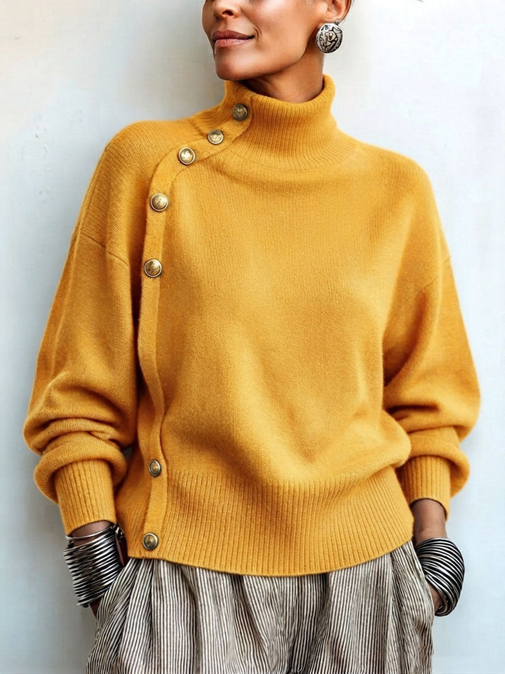 Sweter damski z golfem z dzianiny z asymetrycznymi guzikami luźny z długim rękawem na jesień