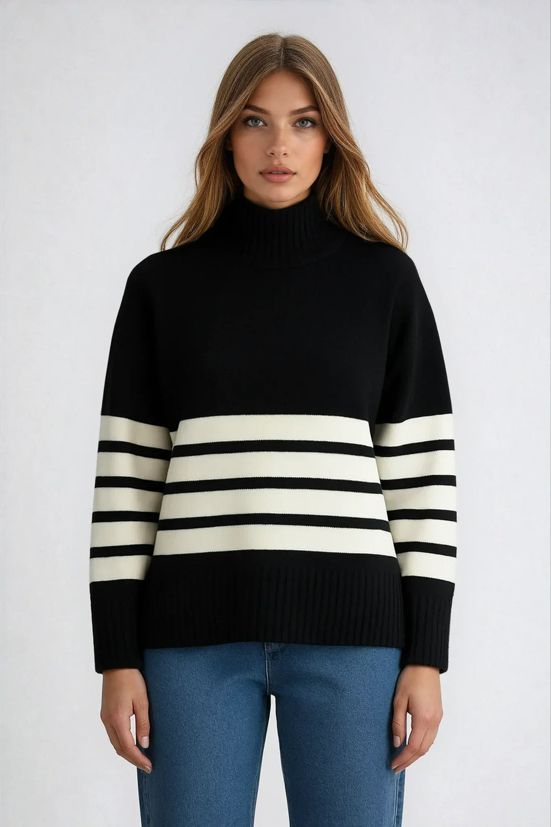 Sweter damski w paski ze stójką z dzianiny wełnianej luźny i ciepły na jesień i zimę