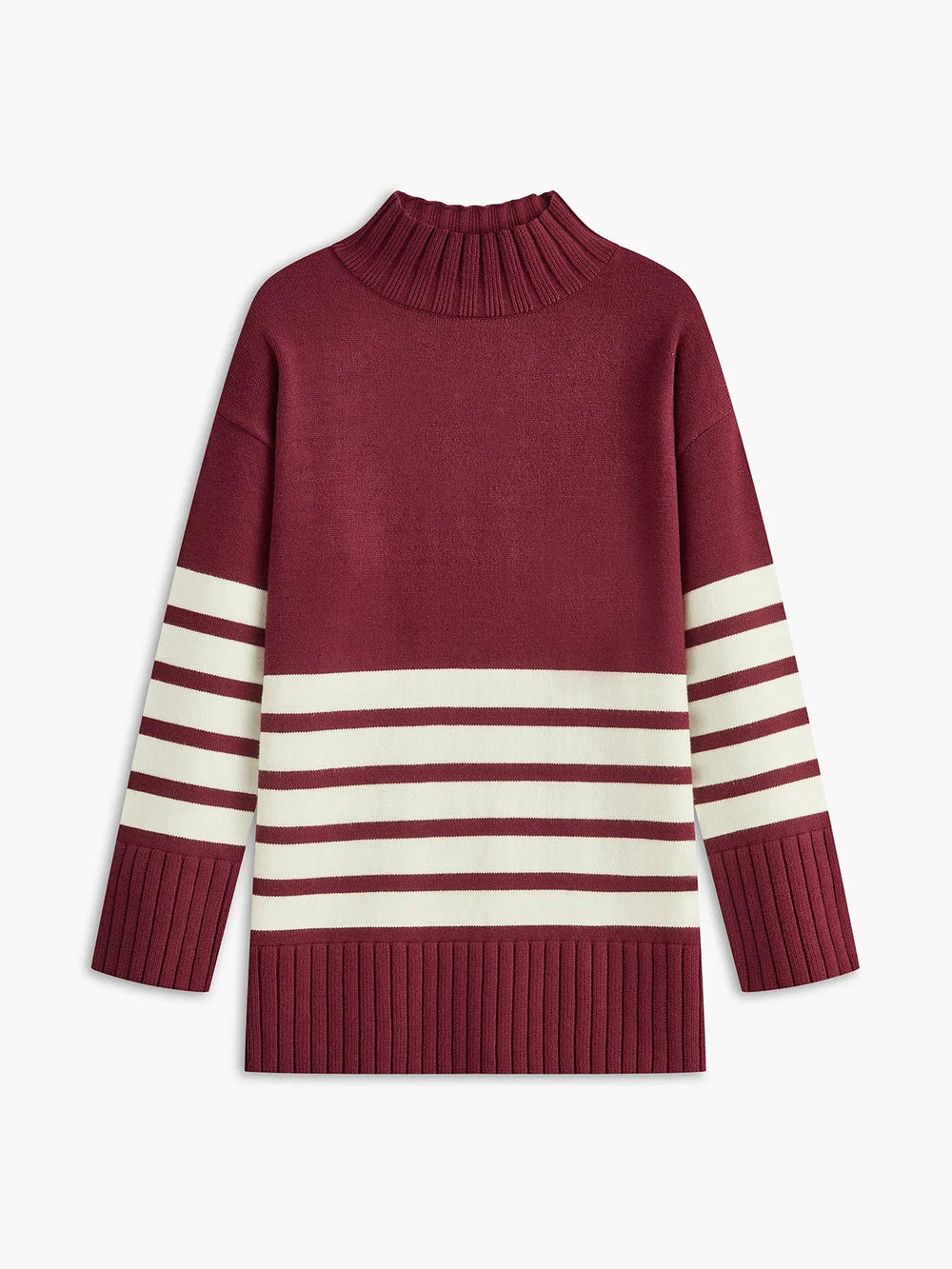 Sweter damski w paski ze stójką z dzianiny wełnianej luźny i ciepły na jesień i zimę