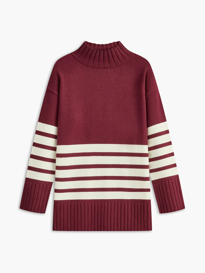 Sweter damski w paski ze stójką z dzianiny wełnianej luźny i ciepły na jesień i zimę