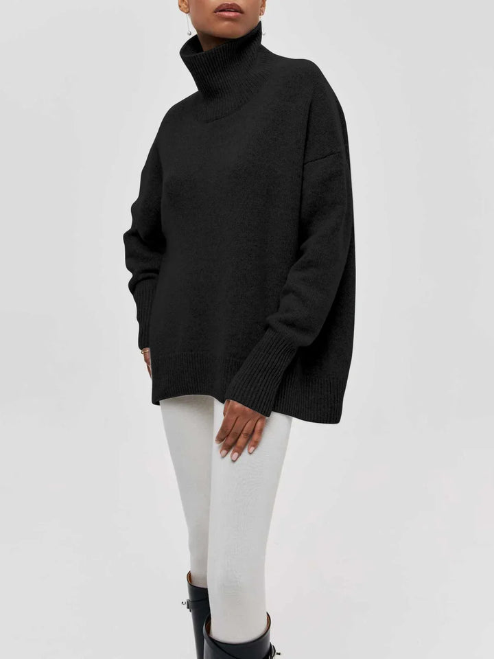 Sweter damski oversize z golfem z miękkiej dzianiny wełnianej luźny i ciepły na jesień