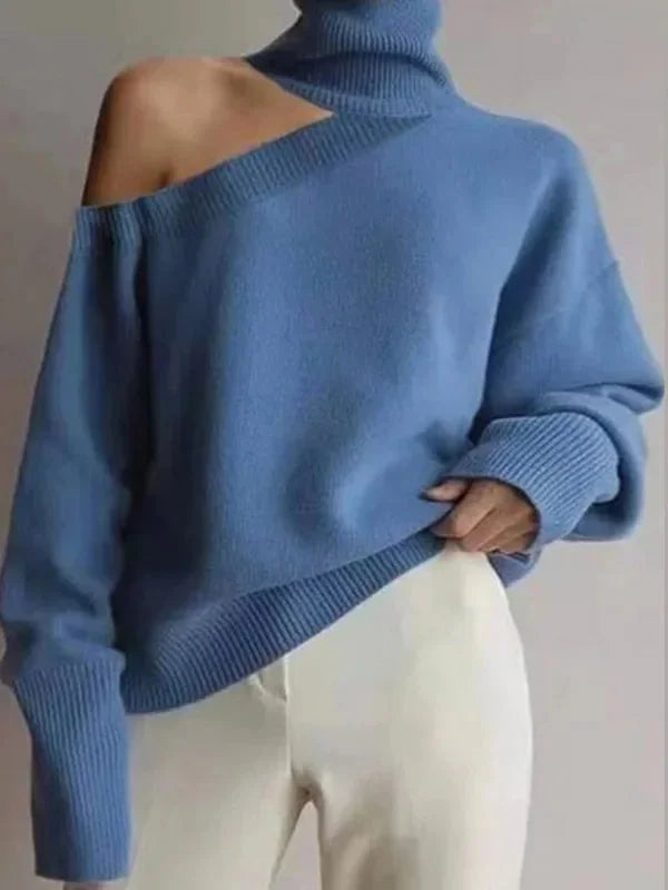 Sweter damski z golfem z odkrytymi ramionami z dzianiny wełnianej na jesień