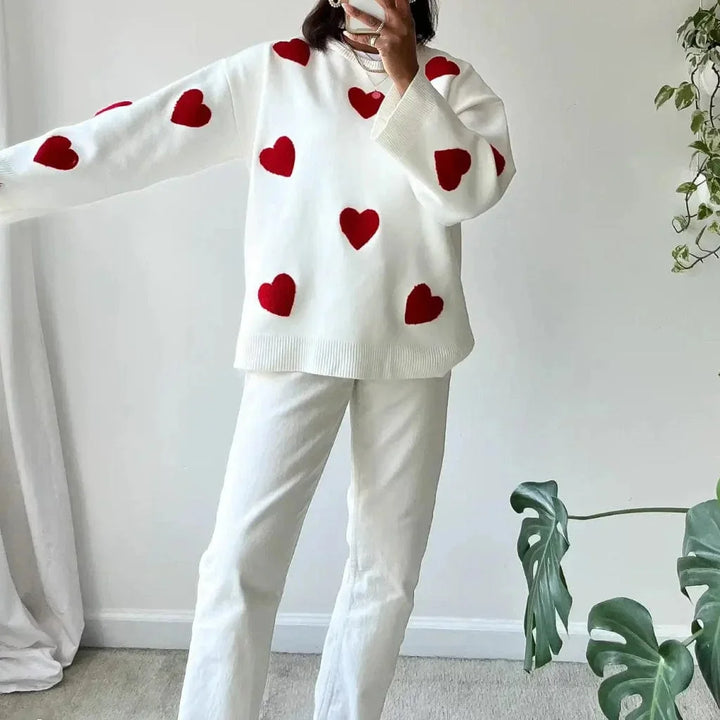 Sweter damski casual z dzianiny wełnianej w luźnym fasonie na jesień z wzorem serc