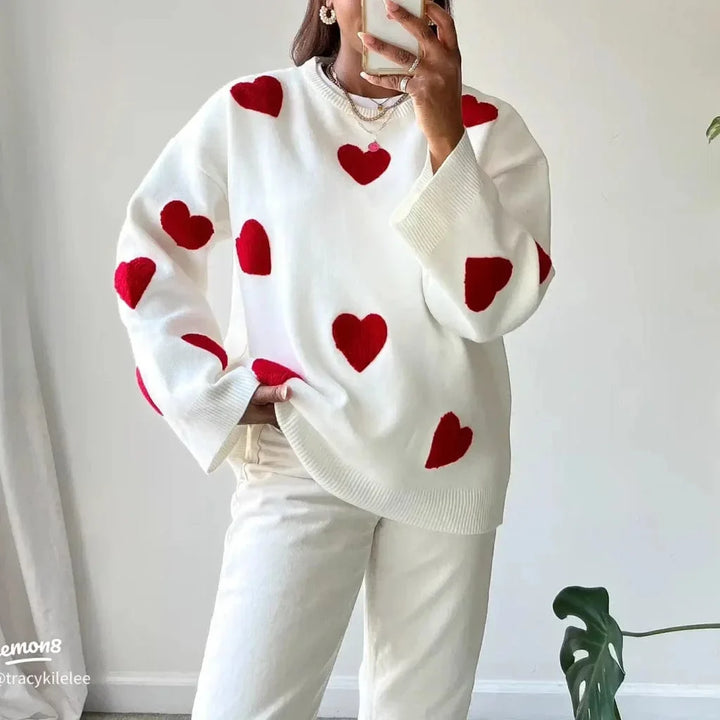 Sweter damski casual z dzianiny wełnianej w luźnym fasonie na jesień z wzorem serc