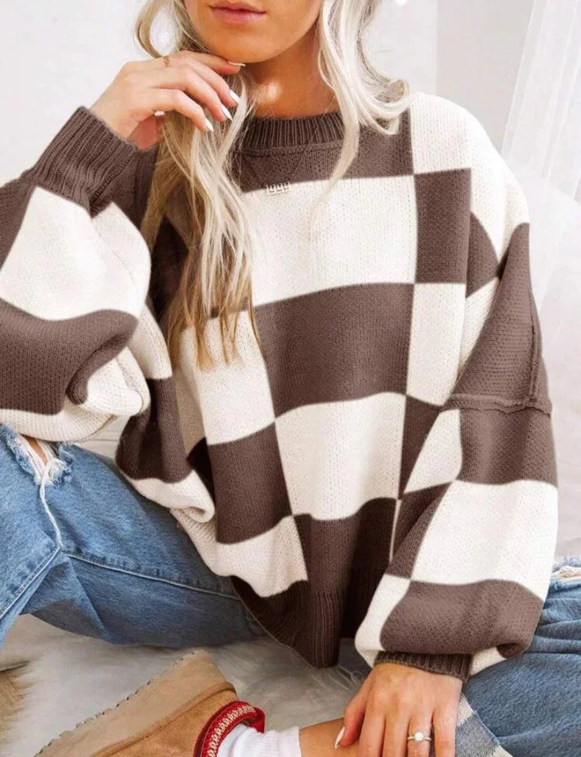 Sweter damski w kratę szachownicę z dzianiny wełnianej oversize ciepły na jesień
