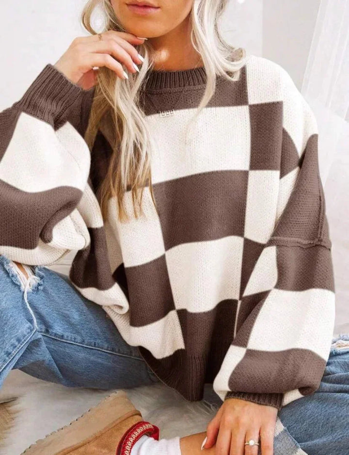 Sweter damski w kratę szachownicę z dzianiny wełnianej oversize ciepły na jesień