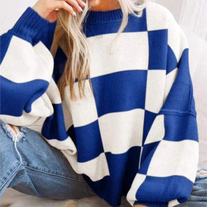 Sweter damski w kratę szachownicę z dzianiny wełnianej oversize ciepły na jesień