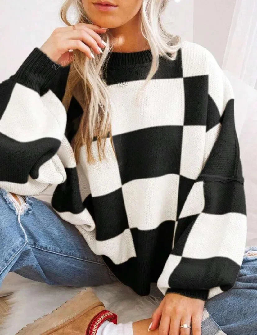 Sweter damski w kratę szachownicę z dzianiny wełnianej oversize ciepły na jesień