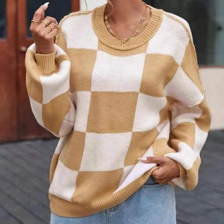 Sweter damski w kratę szachownicę z dzianiny wełnianej oversize ciepły na jesień