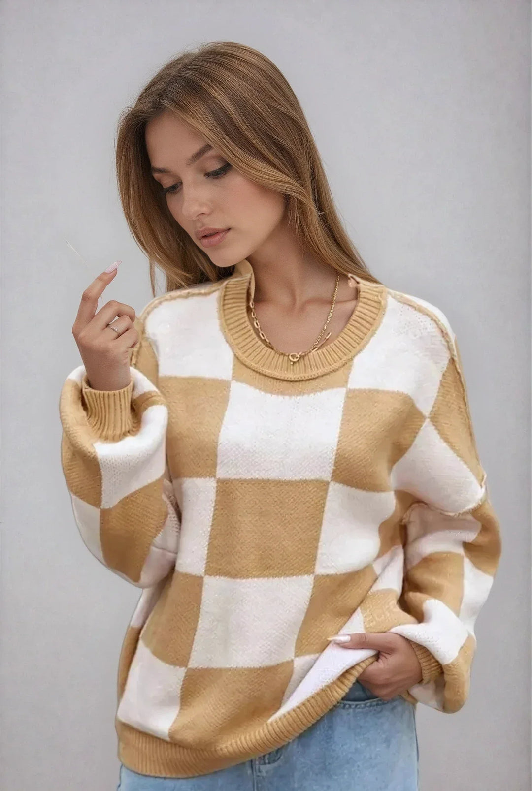 Sweter damski w kratę szachownicę z dzianiny wełnianej oversize ciepły na jesień