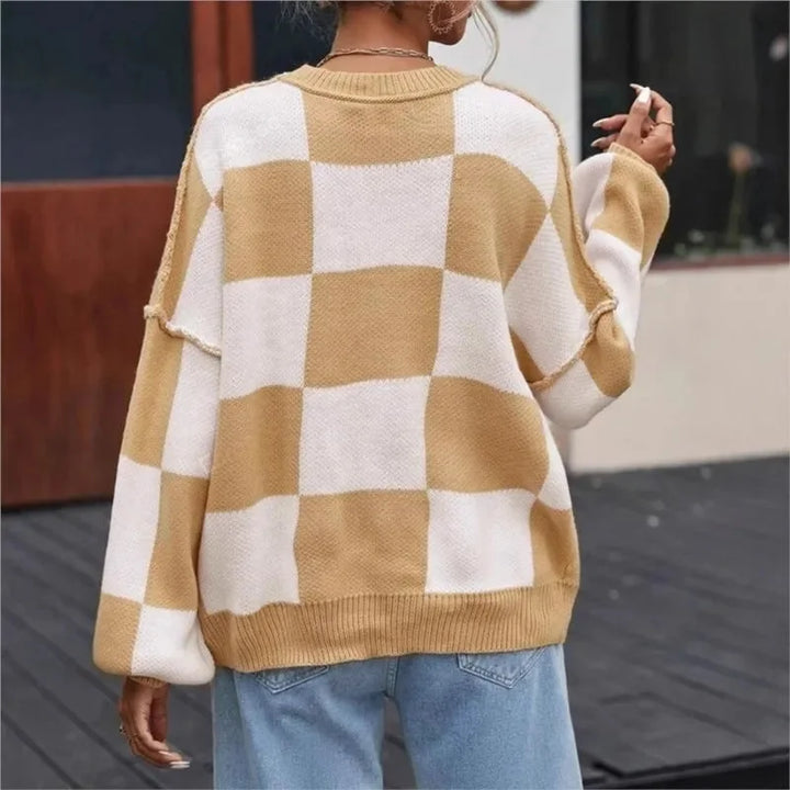 Sweter damski w kratę szachownicę z dzianiny wełnianej oversize ciepły na jesień