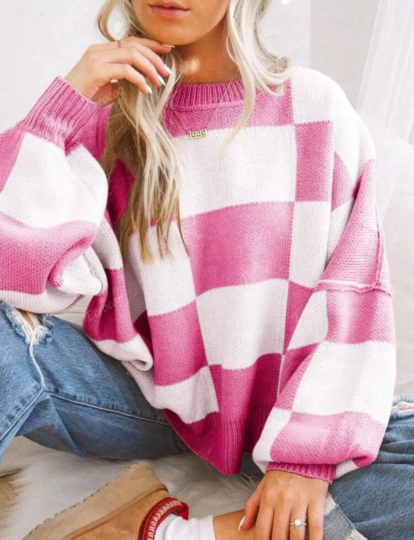 Sweter damski w kratę szachownicę z dzianiny wełnianej oversize ciepły na jesień