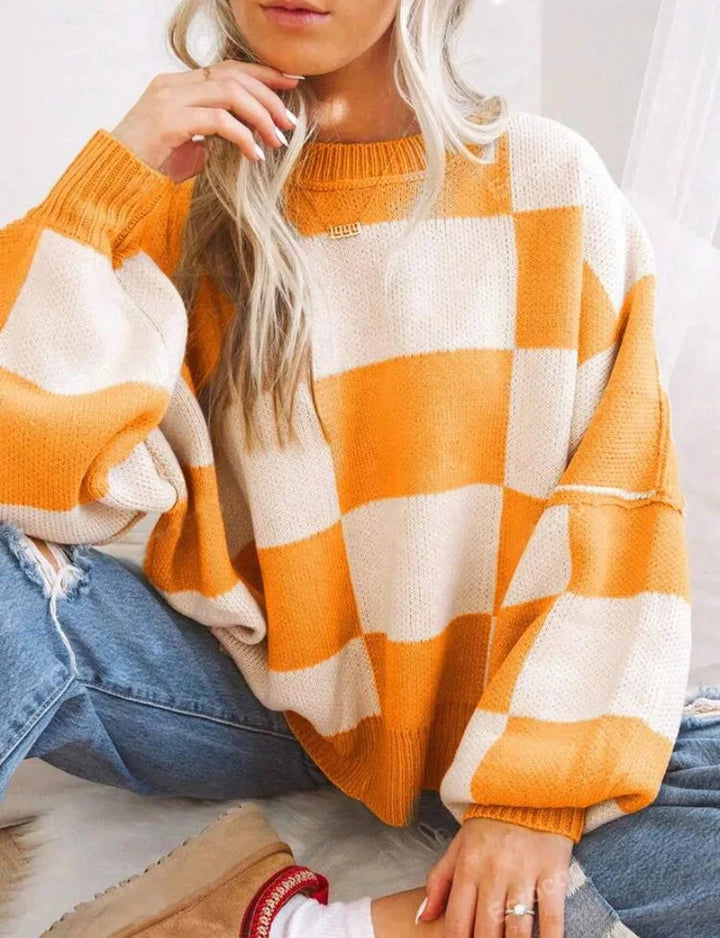 Sweter damski w kratę szachownicę z dzianiny wełnianej oversize ciepły na jesień