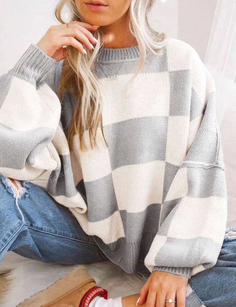 Sweter damski w kratę szachownicę z dzianiny wełnianej oversize ciepły na jesień