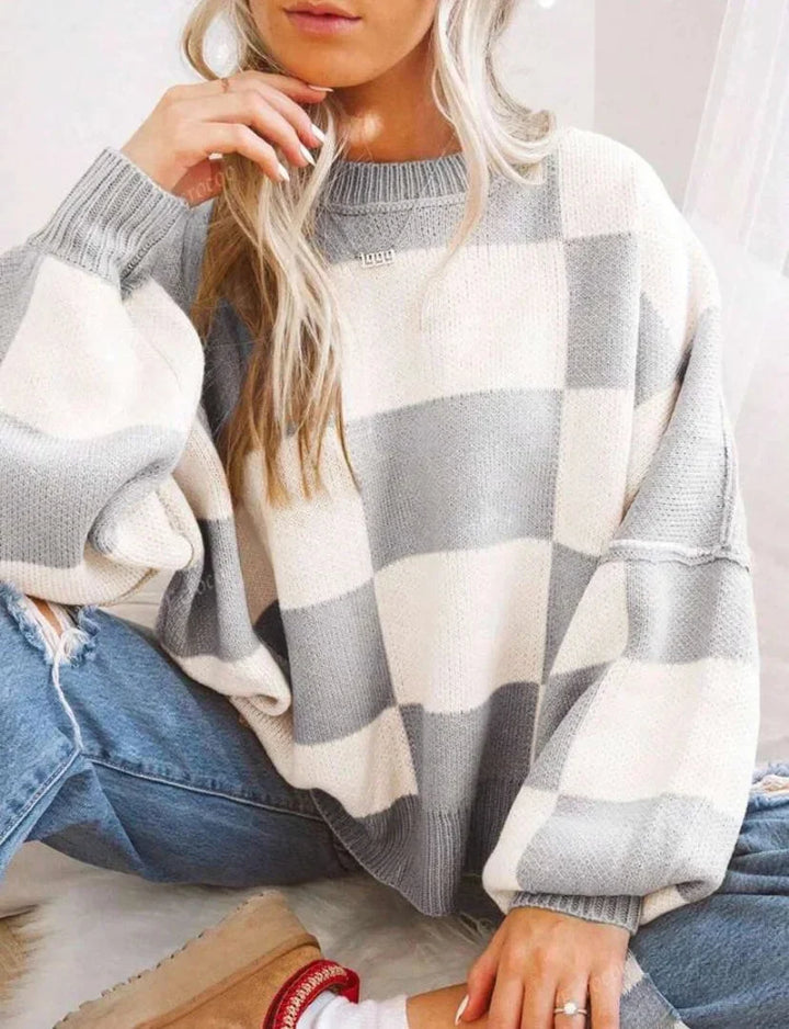 Sweter damski w kratę szachownicę z dzianiny wełnianej oversize ciepły na jesień