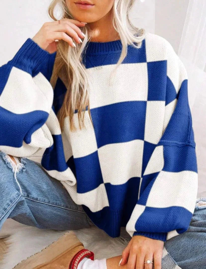 Sweter damski w kratę szachownicę z dzianiny wełnianej oversize ciepły na jesień