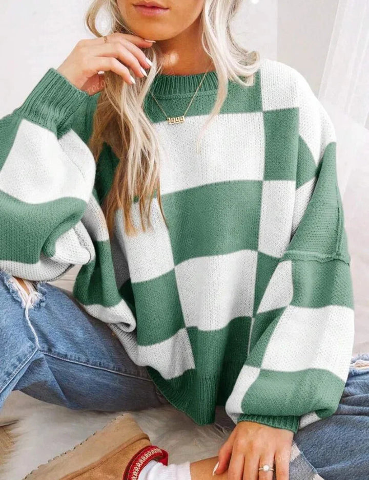 Sweter damski w kratę szachownicę z dzianiny wełnianej oversize ciepły na jesień