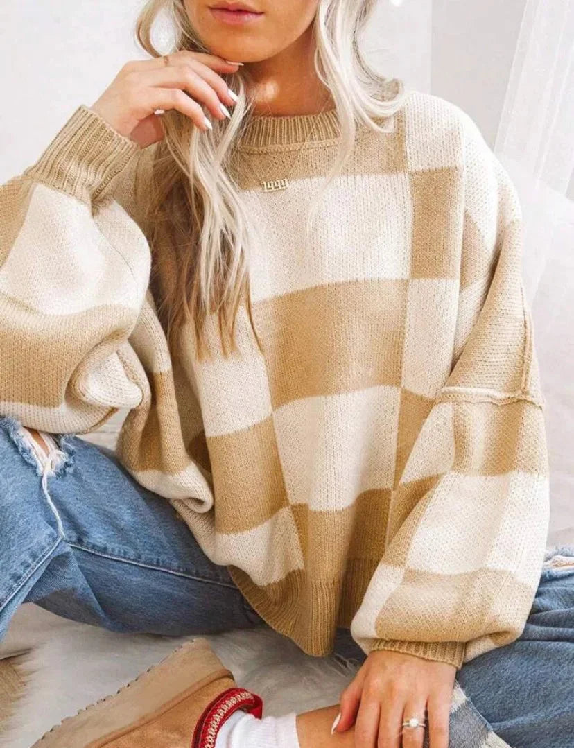 Sweter damski w kratę szachownicę z dzianiny wełnianej oversize ciepły na jesień
