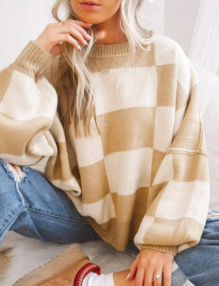 Sweter damski w kratę szachownicę z dzianiny wełnianej oversize ciepły na jesień