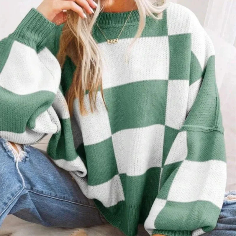 Sweter damski w kratę szachownicę z dzianiny wełnianej oversize ciepły na jesień