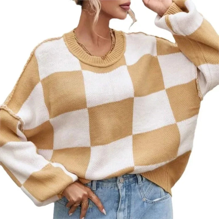 Sweter damski w kratę szachownicę z dzianiny wełnianej oversize ciepły na jesień
