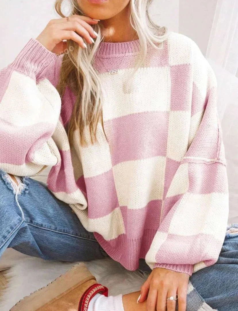 Sweter damski w kratę szachownicę z dzianiny wełnianej oversize ciepły na jesień