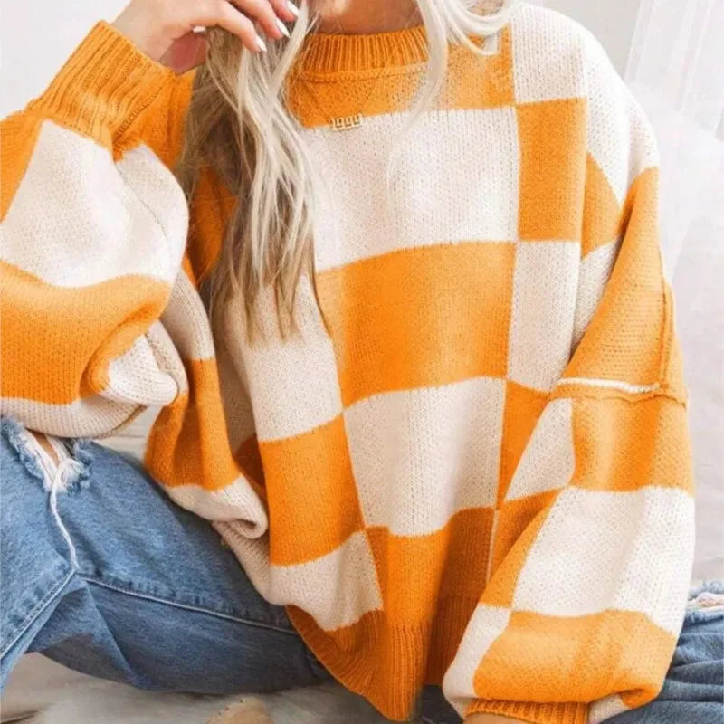 Sweter damski w kratę szachownicę z dzianiny wełnianej oversize ciepły na jesień