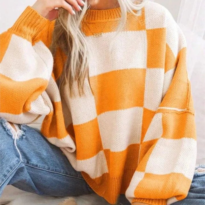 Sweter damski w kratę szachownicę z dzianiny wełnianej oversize ciepły na jesień