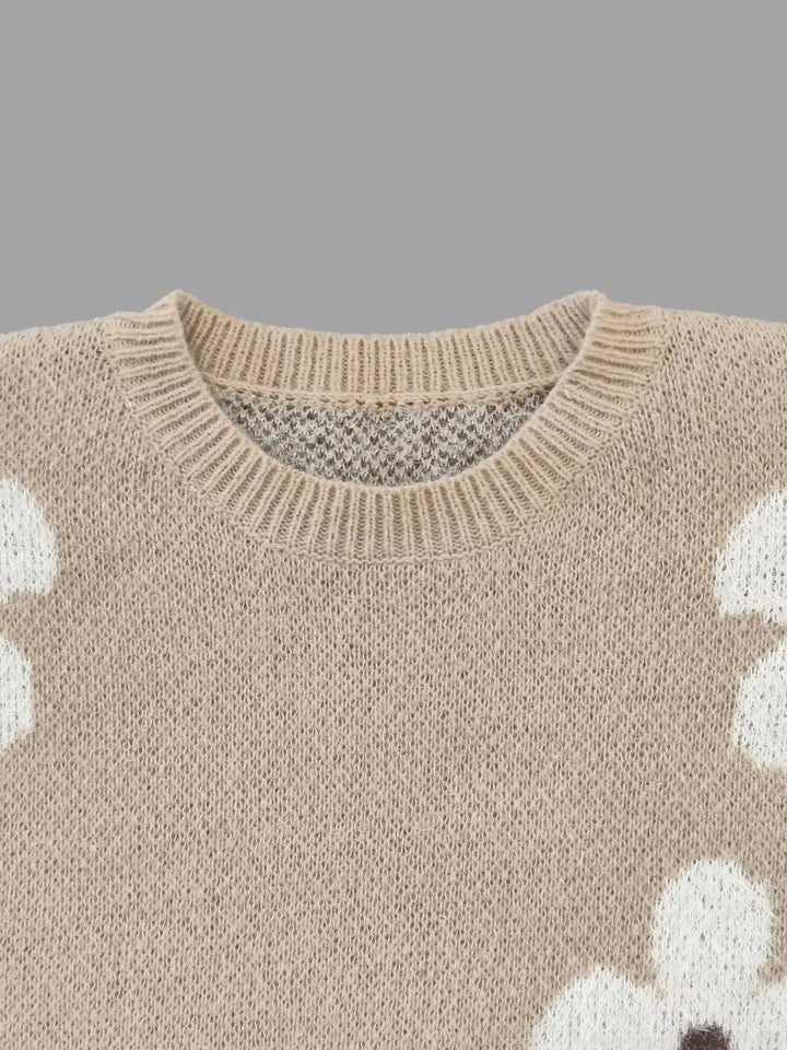 Sweter damski z dzianiny z okrągłym dekoltem i kwiatowym wzorem na jesień casualowy