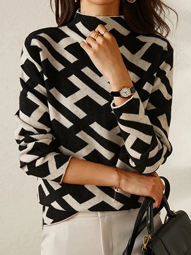 Sweter damski z geometrycznym wzorem z dzianiny wełnianej w stylu casual na jesień