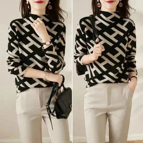 Sweter damski z geometrycznym wzorem z dzianiny wełnianej w stylu casual na jesień