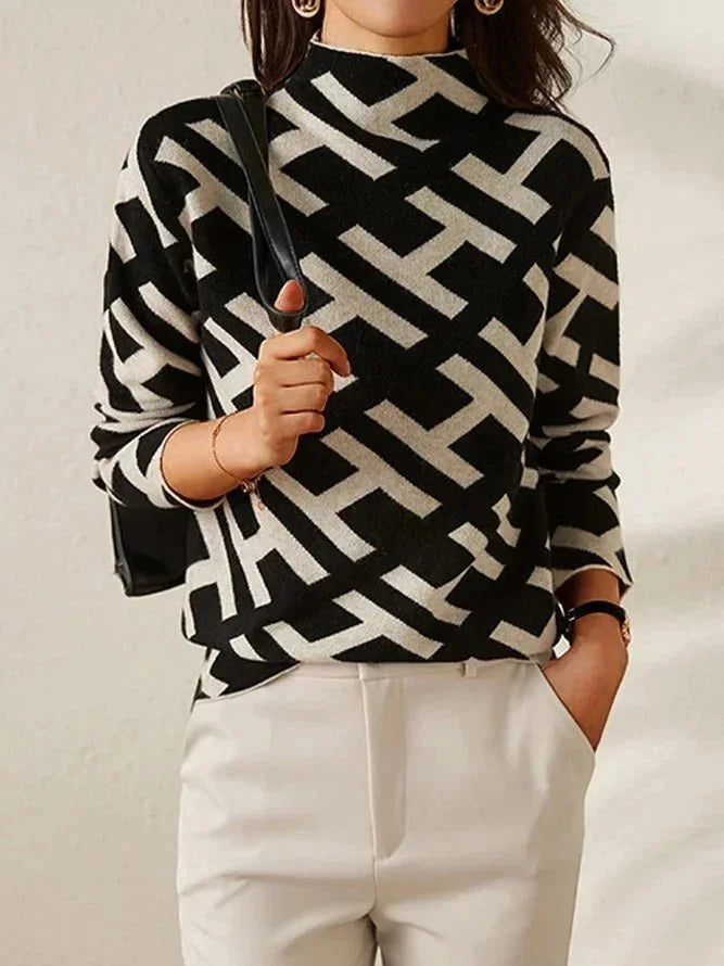 Sweter damski z geometrycznym wzorem z dzianiny wełnianej w stylu casual na jesień