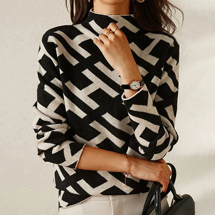 Sweter damski z geometrycznym wzorem z dzianiny wełnianej w stylu casual na jesień